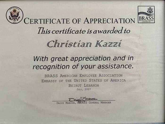 Certificate of appreciation from an event client