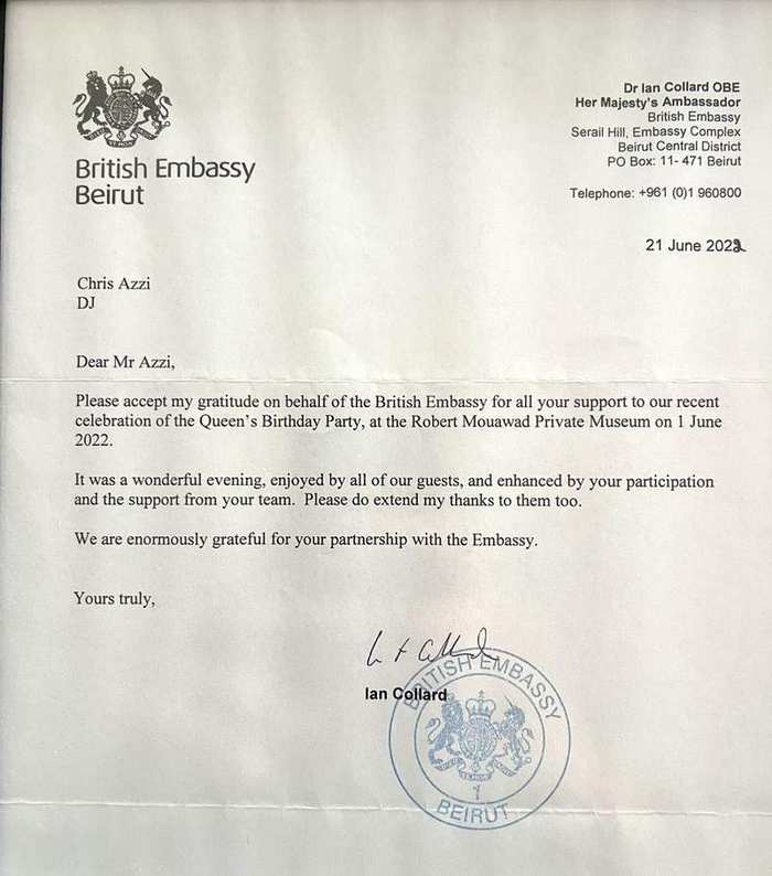 Embassy certificate of appreciation for DJ Chris Kazzi